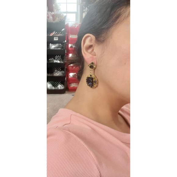 navy blue earrings gold chandelier dark blue wedding  navy crystal earrings big - Picture 4 of 7